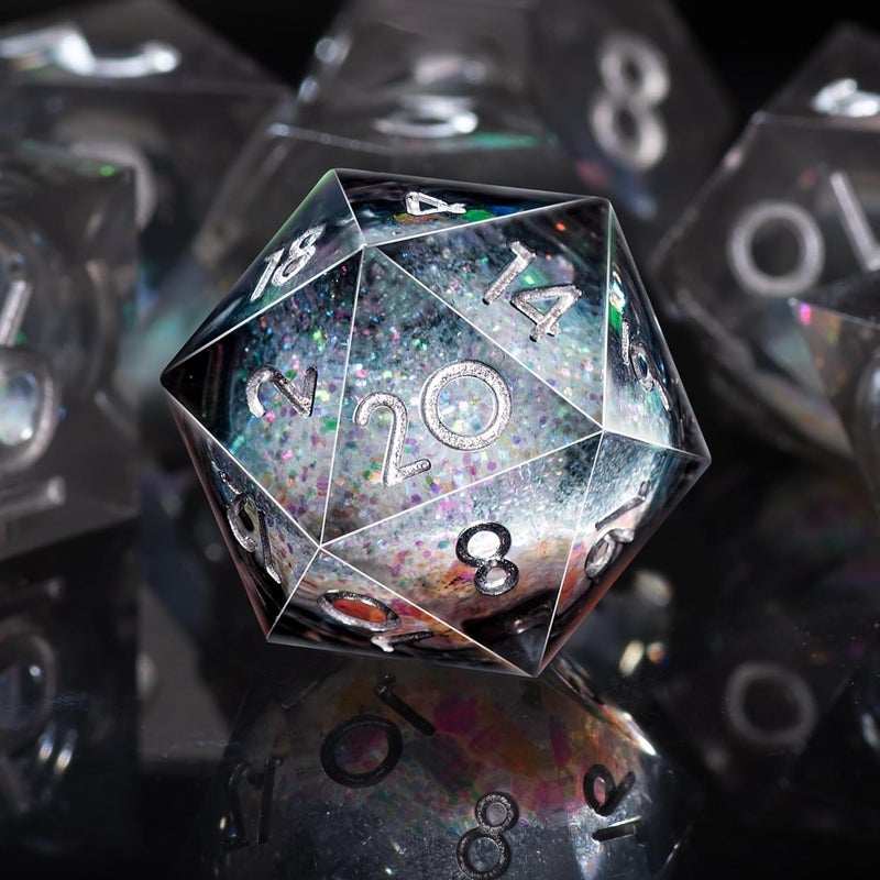 AUSTOR Liquid Core DND Dice Set, 7-Die Sharp Edge Polyhedral Dice Quicksand Handmade Resin Dices for Dungeons and Dragons RPG MTG Table Games, Black, Silver - Image 5